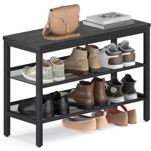 VASAGLE 3 Tier Shoe Rack Bench, One Piece Shelves, Shoe Storage Organizer with Raised Edges, Industrial Style, Easy Assembly, 11 x 29.5 x 19.7 Inches, Charcoal Gray and Matte Black ULSB070BA01S