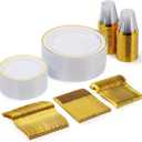 Goodluck 150 Pieces Gold Disposable Plates for 25 Guests, Plastic Party, Wedding, Dinnerware Set of Dinner Plates, Salad Spoons, Forks, Knives, Cups