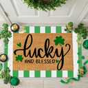 2 Pcs St. Patrick's Day Coir Door Mat Outdoor Rug Lucky Shamrock Welcome Doormat Green White Stripe Rug Irish Home Decor for St. Patrick's Day Front Door Porch Entryway Decor