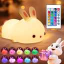 One Fire Easter Bunny Gifts for Kids Night Light with Remote, 16 Colors+5 Brightness Cute Lamp,Easter Bunny Decor/Stuff/Toys for Baby Toddler Soft Silicone Night Light, 1200mAh Portable Bunnies Lamps