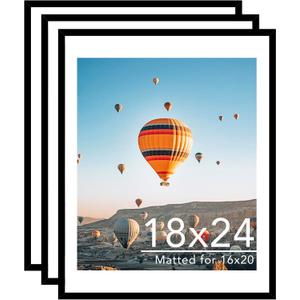 JCJMY 18x24 Picture Frame Set of 3 with 16x20 Mat, Display Photo 16x20 with Mat or 18 x 24 Without Mat, Wall Hanging Large 18 by 24 Poster Frame with Plexiglass, 3 Pack, Black