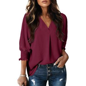 Dokotoo Women Blouses Dressy Casual V Neck 3/4 Length Sleeve Womens Tops Business Work Blouses Office Shirts (Large, Burgundy)