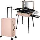 24'' Aluminum Trolley Rolling Makeup Train Case with LED Light Mirror Professional Cosmetic Travel Box with Bluetooth Speaker Make up Cosmetic Organizer Studio Nail Salon Beauty Vanity Pink