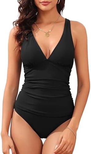 ZAFUL Women's Tankini Swimsuits V Neck Tummy Control Two Piece Bathing Suit Cross Back High Waisted Bikini Large