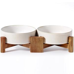 Getstar Elevated Ceramic Dog Cat Bowl Set - 1.8-Cup Raised Feeding Bowls with Non-Slip Wood Stand - Small Pet Dishes for Food and Water - Ideal for Cats and Puppies