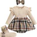 Giraropa Baby Girl Fall Winter Clothes Long Sleeve Romper Dress + Socks + Headband Newborn Infant Cute Casual Outfits (3-6 Months, Khaki)