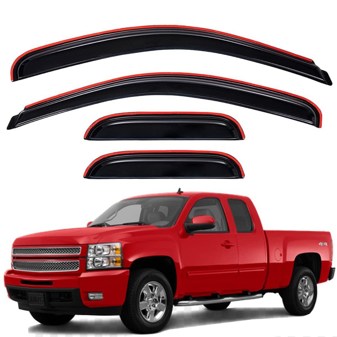 4-Piece Tape-On Dark Smoke Window Visor Rain Guards Set – Side Window Vent Deflectors for Chevy Silverado / GMC Sierra Extended Cab – UV & Weather Resistant