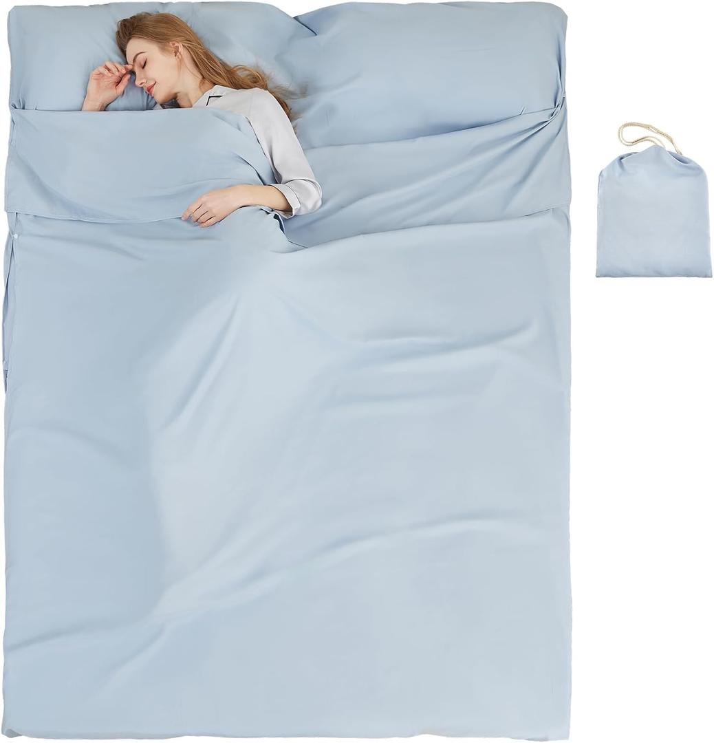 Sleeping Bag Liner Camping Adult Sleep Sack Lightweight Travel Sheet for Hotel Bed Compact Ultralight Essential Cleaning Supplies Kit Travel Bedding Set for Backpacking (70.9" x 82.7"-Double, Double Blue)