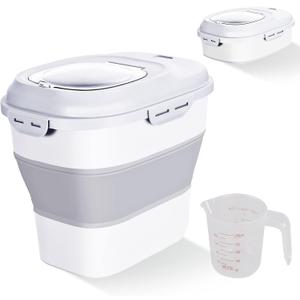 Cereal Rice Food Storage Containers, Collapsible 20 to 50 Lbs Dispenser Bin with Rolling Wheel Airtight Locking Lid, Dog Pet Cat Flour Sugar Plastic Leakproof Sealable Large Kitchen Pantry Holder (White)