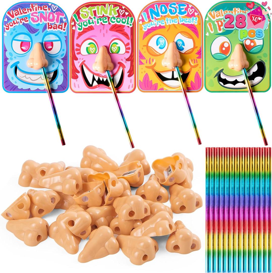 JOYIN 28PCS Valentines Day Stationery Kids Gift Set, Funny Nose Cards and Pencils Perfect for Classroom Exchange, Party Favor Holiday Reward Prizes