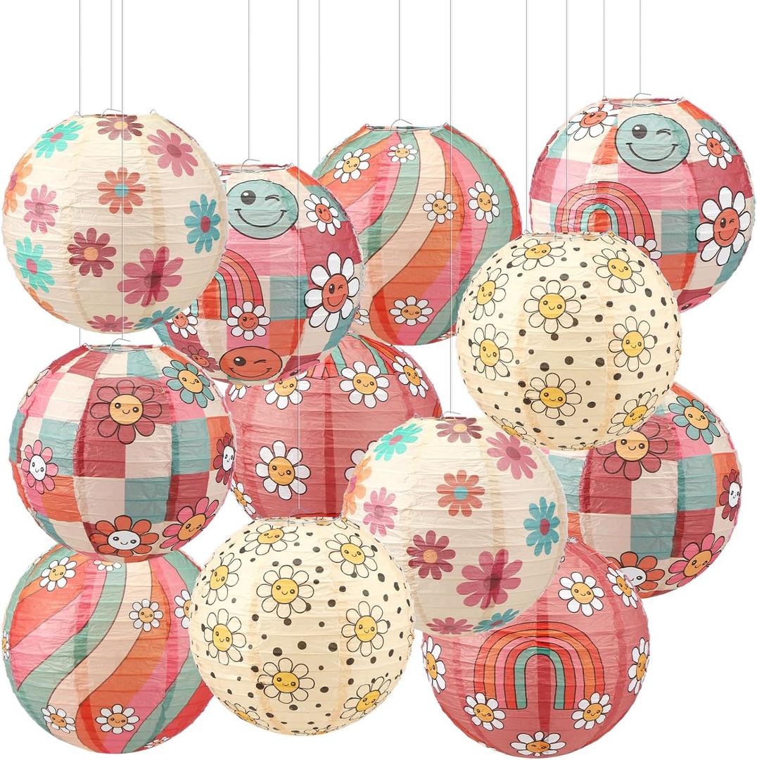 12 Pcs Groovy Boho Classroom Decoration Retro Paper Lanterns Hippie Ceiling Decor Vintage Classroom Decoration Back to School Paper Lantern Party Supply Daisy Smile Face for Baby Shower Birthday Home