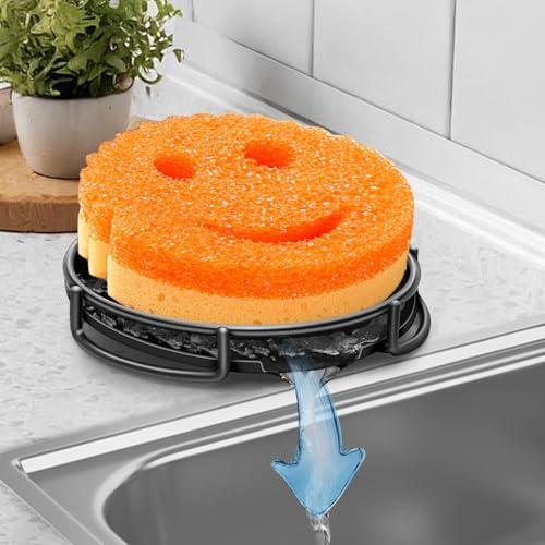 Stainless Steel Smiley Face Dish Sponge Holder, Black Sink Caddy for Kitchen Countertop, Soap Bar Dishes with Drainage, Self Draining Soap Dish Saver Shampoo Holder Tray Caddy for Scrubber