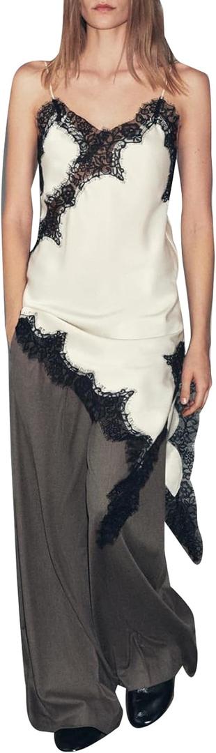 Women Silk Satin Extra Long Camisole Lace Asymmetrical Trim Cami Tank Crop Tops Y2k Silky High Low Lace Slip Dress Small