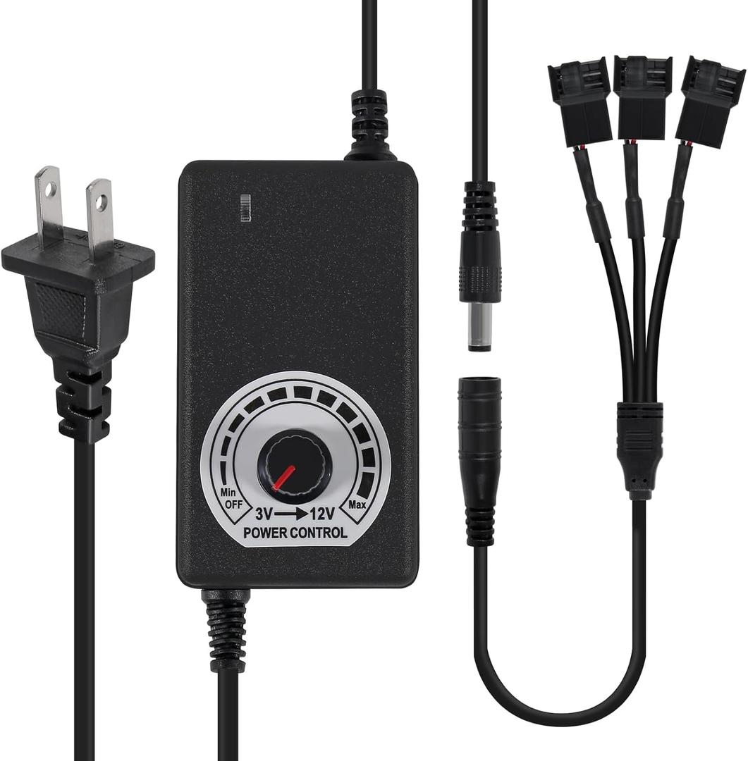 UMLUFE 12V Fan Power Supply,PC Fan Speed Controller,100-240vAC to 3-12vDC 24W Adjustable Fan Power Adapter,with Fan Splitter Cable,DC Female to 2 x 3/4 Pin