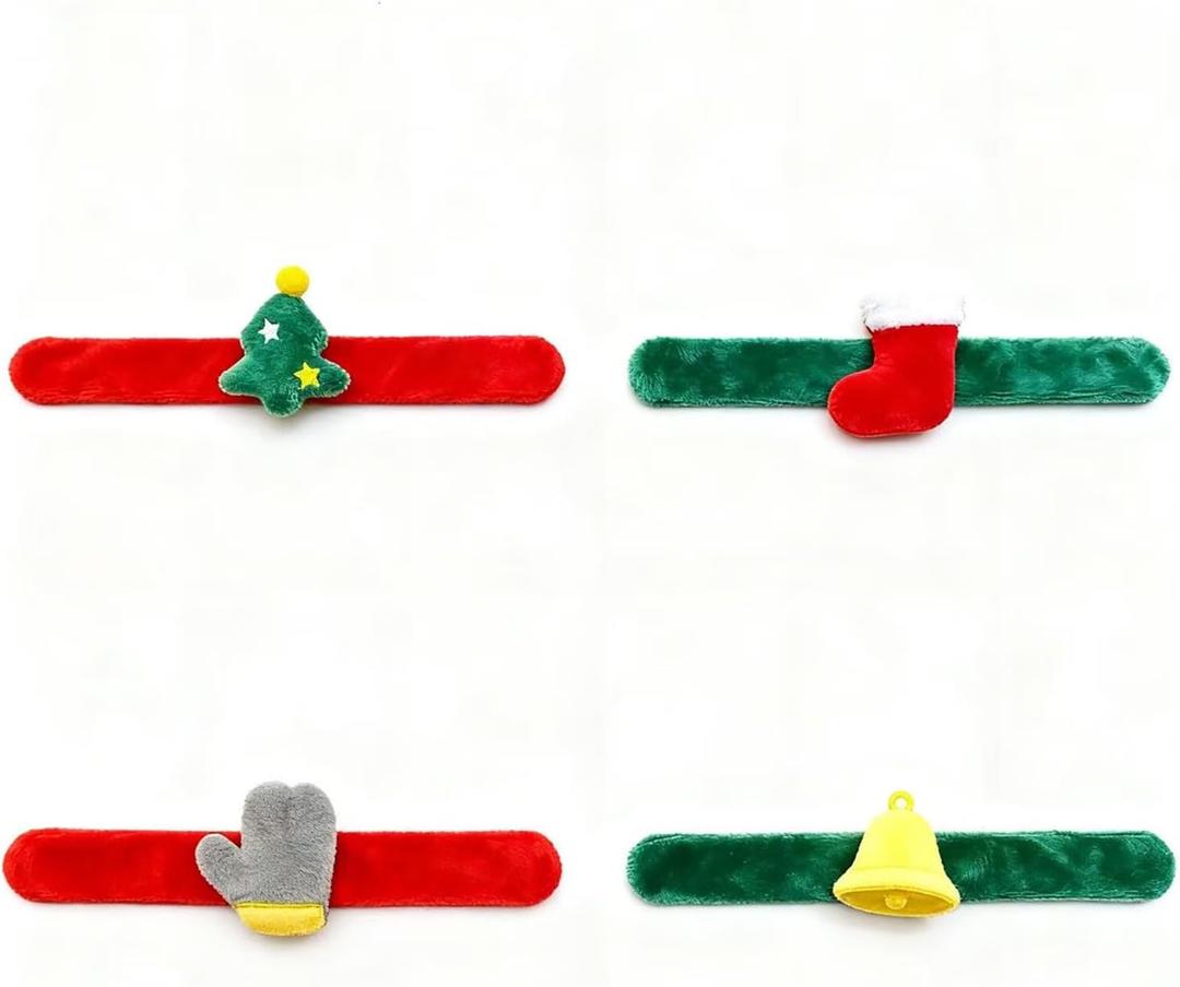 2 x 4 Pack Christmas Snap Bracelets - Festive Deer & Tree Design Elastic Wristbands forTenns Adults, Christmas Party Supplies, Stocking Stuffers Gift Bag Fillers