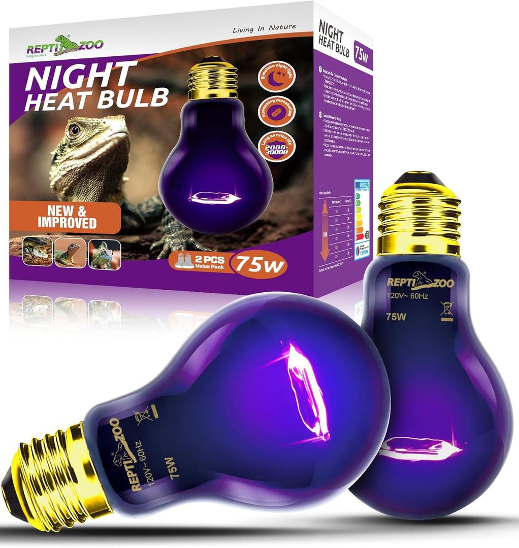 REPTI ZOO 75W Reptile Heat Lamp 2Pack Reptile Night Heat Bulb Night Heat Lamp Without UVA for Turtle Bearded Dragon Gecko Lizard and Snake E26/E27 Purple