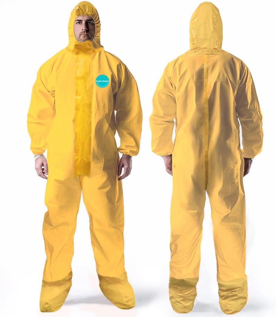 Andes Chemical Protection Coveralls, Hazmat Suits, Sealed Seam Chemical Protection Suits with Attached Boots and Hood (Large)