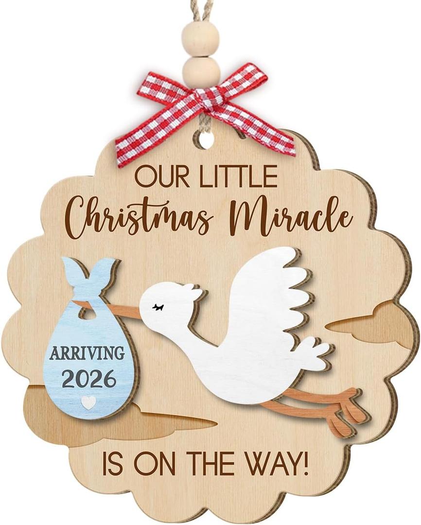 Stork Pregnancy Announcement Ornament 2025, Unique New Parents Gifts for Couples, Newlyweds, Husband Wife, Baby Wooden Ornaments for Christmas Decorations, Gender Reveal Ideas Gifts