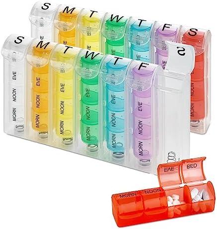 Weekly Pill Organizer - (Pack of 2) Pill Planners for Pills & Vitamins Each Day Week, Four Times-a-Day Medication Reminder, Easy to Read AM/PM Compartments Monday to Sunday for Travel & Purse