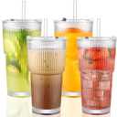 20 oz Glass Cups with Lid and Straw 4 Set, Glass Tumbler with Straw and Lid, Vintage Glassware for Whiskey Cocktail Beer, Iced Coffee Cups with Lid (4 Pack)