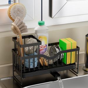 Generic Sink Caddy Organizer, Black Metal Kitchen Counter Sponge Holder with 360° Auto-Drain Tray, 9.8x3.9 Inch, 2-Compartment Storage for Cleaning Supplies