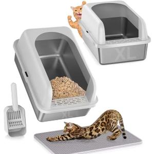 2 Pack Stainless Steel Litter Box, 24'' XL Extra Large Cat Litter Box with Lid, Metal Litter Boxes for Multiple Cats, Anti-Leakage,Non-Stick, Easy to Clean, Included Cat Litter Mat, Scoop