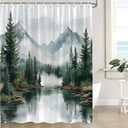 Green Misty Forest Shower Curtain Mountain Foggy Pine Trees Landscape Watercolor Jungle Plant Rustic Nature Scenery Lake Fabric Bathroom Curtain Set with Hook