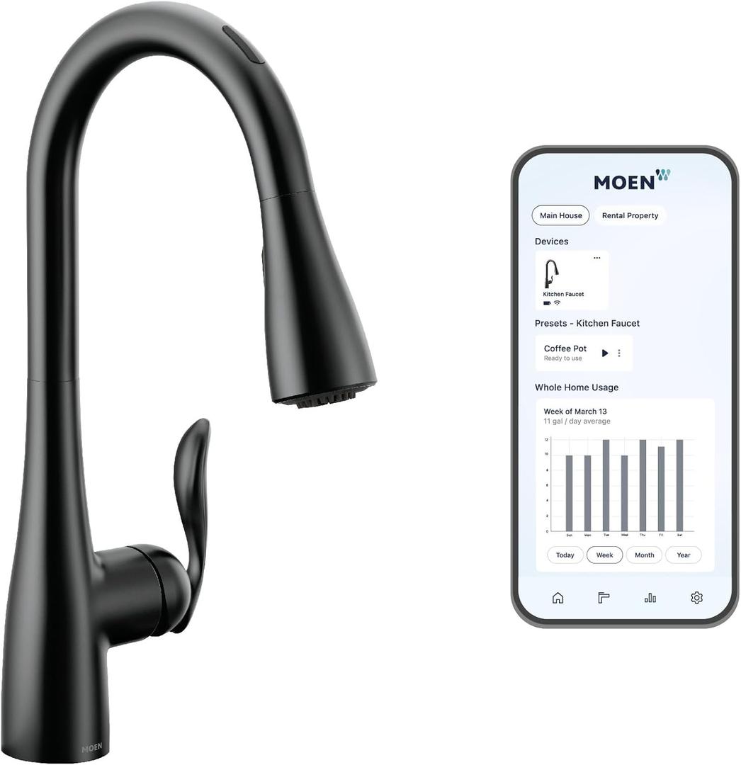 Moen Arbor Matte Black Smart Faucet Touchless Pull Down Sprayer Kitchen Faucet with Voice Control and Power Boost, 7594EVBL