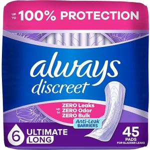 Always Discreet Adult Incontinence Pads for Women, Drier, 6 Drop Long Length, Extra Heavy Absorbency, Pads for Bladder Control Management, Bladder Leaks, & Postpartum Pads, 45ct