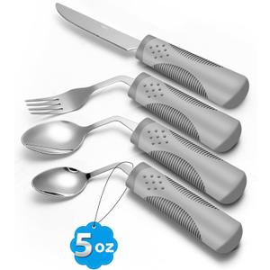 Adaptive Utensils (4-Piece Set) Weighted 5 oz - 42 Angled Utensils for Parkinson's Patients, Hand Tremors, Arthritis & Elderly - Eating Utensils for Elderly (Grey: Right Handed)