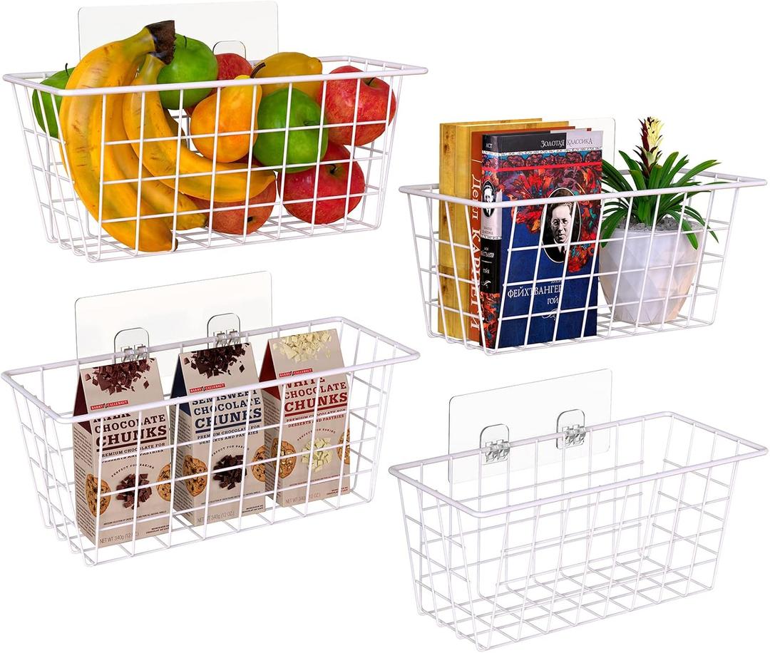 MaraFansie Wall Wire Baskets Adhesive Basket Hanging Kitchen Baskets No Drilling for Cabinet & Pantry Organization and Kitchen, Bathroom, Bedroom Storage, 4 Pack, White