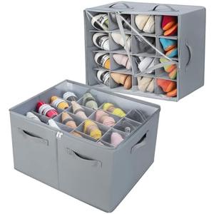 TOPIA HOME Shoe Organizer for Closet 2 Pack, Foldable Shoe Box with Adjustable Dividers and Clear Cover, Space Saving Shoe Storage Organizer Cabinet with Reinforced Handles, Fits 32 Pairs, Gray, TP12G