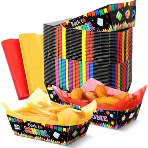 50 Set Back to School Food Trays with Wax Paper Trays Disposable Nacho Snack Boats Paper Food Holder for Welcome First Day of School Party Supplies Decoration