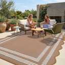 Garvee Waterproof Outdoor Rug 9x12, Scalloped Geometric Foldable Plastic Straw Patio Camping Rug, Outdoor RV Carpet for Deck Camper Porch Balcony Backyard Picnic Beach Brown and White