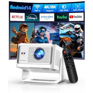 Mini Projector with Wifi6 and Bluetooth5.4, Smart Portable Projector 4K 8K Support, Android 14 & 600 ANSI, Auto Focus & Keystone, Obstacle Avoidance, 1080P Small Proyector for Bedroom, Movie, Outdoor