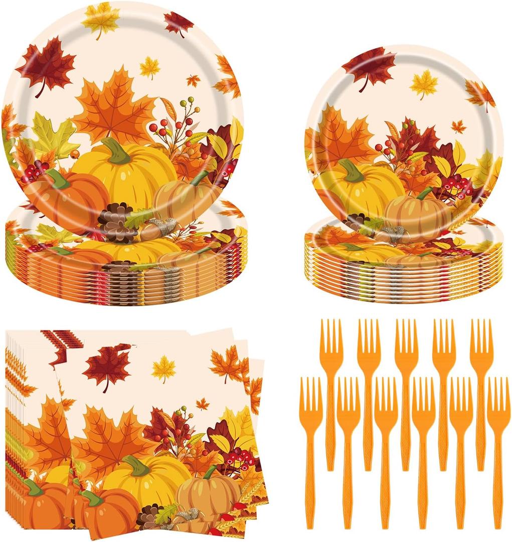 Fall Party Supplies - 96 Pcs Thanksgiving Paper Plates and Napkins, Forks, Pumpkin Autumn Disposable Tableware Set for Harvest Party Decorations
