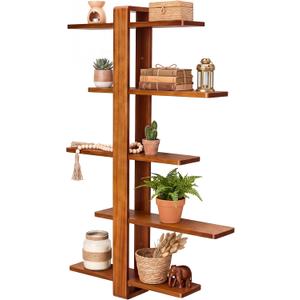 Pinkunn Floating Shelves for Wall, 5 Tier Wall Mounted Shelf Unit with 19.7 Inch Pine Wood Shelves and Walnut Frame, Decorative Plant Photo Book Display Shelf for Living Room Bedroom Bathroom, 38.6 x 6.3 x 2.4 inches