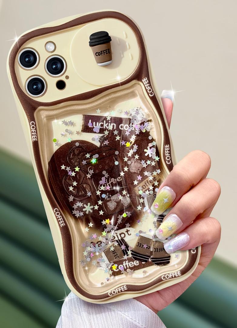 Toycamp for iPhone 14 Pro Max Case - Women Girls Cute Cover Coffee with Sliding Camera Cover Girly Glitter Teens Pretty Cartoon Design Flowing Liquid Quicksand Phone Case for iPhone 14 Pro Max 6.7 "