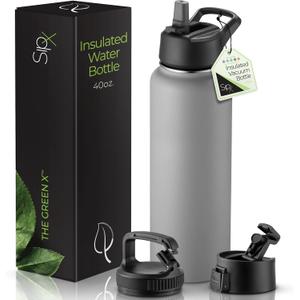 SipX Triple-Insulated Stainless Steel Water Bottle 40oz. With 3 Lids, BPA-Free Reusable Insulated Water Bottle Keeps Cold 24 Hours, Metal Water Bottle Made Of Sustainable Material For Hiking & Biking (Gray)