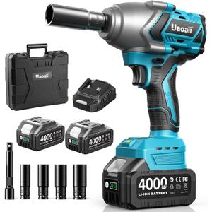 1/2 Impact Wrench 1200N.m, 1/2 Impact Gun & 2x 21V 4000mAh Batteries, Fast Charger, 4 Sockets & Storage Box, High Torque Impact Drive for Lug Nuts, Cars, Tires