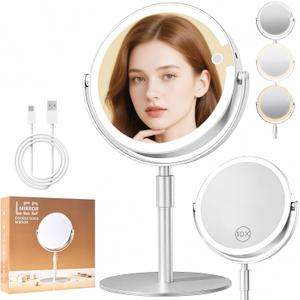 1X/10X Magnifying Makeup Mirror with Lights,USB Rechargeable 8" Dual-Sided Vanity Mirror with 3 Color Lights,360 Rotation, Adjustable Height, Travel Cosmetic Mirror for Women, Gift for Her