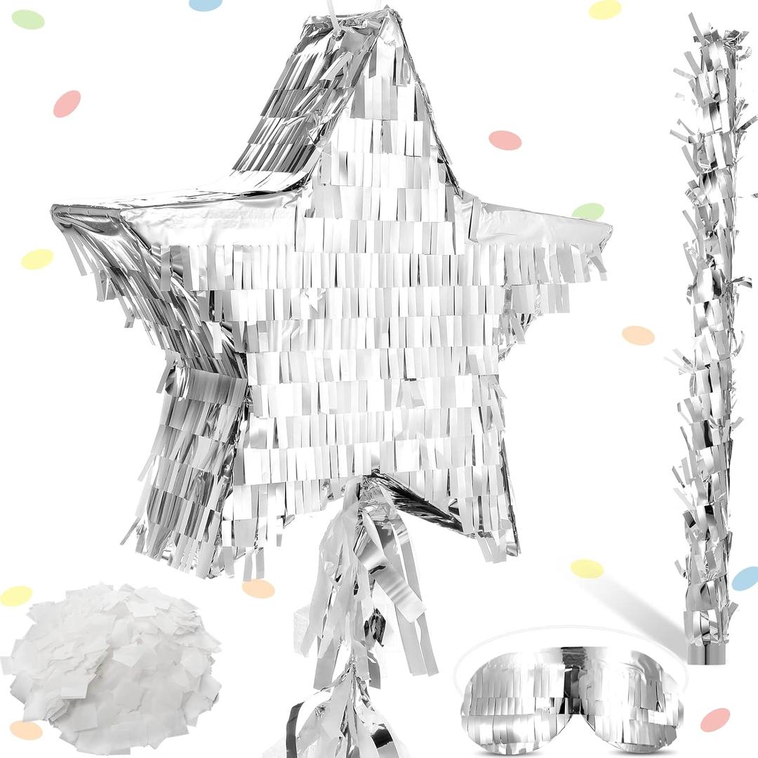 Sratte Star Piata with Tassel Mini Silver Piata Festive Star Piata with Stick Blindfold Confetti Foil Piata 12 x 12 x 3 Inch for Adults Anniversary Mexican Birthday Baby Shower Party