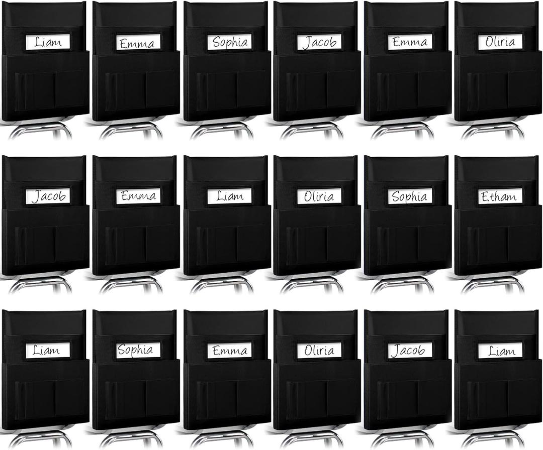 36 Pcs Classroom Chair Pockets 19 x 15.5'' Chairback Pocket with 6 Pockets and Name Tag Holder Back Seat Pockets with double thread sewing for School Seat Chair Storage Organizer(Black)
