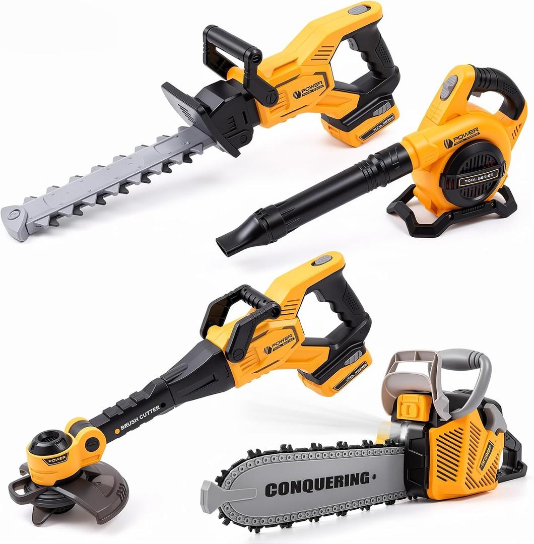 Arrowbash 4-in-1 Kids Gardening Toy Set, Toy Leaf Blower & Chainsaw & Weed Trimmer & Hedge Trimmer with Realistic Sound & Light, Outdoor Educational Learning Birthday Summer Gift for Boys Girls