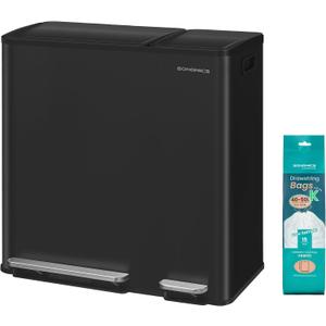 SONGMICS Kitchen Dual Trash Can, 13 + 5.3 Gallon (50 + 20 L) 2-Compartment Trash and Recycle Bin, Stainless Steel Garbage Can, Pedals, Soft-Close Lids, Inner Buckets, Black ULTB770BZ01