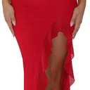 Women Sexy Halter V Neck Maxi Dress Mesh Ruffle Hem Bodycon Backless High Slit Cocktail Party Wedding Guest Dresses (Large, Red)