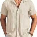 Men's Casual Button Down Shirts Short Sleeve Textured Shirt Summer Beach Tops, Medium