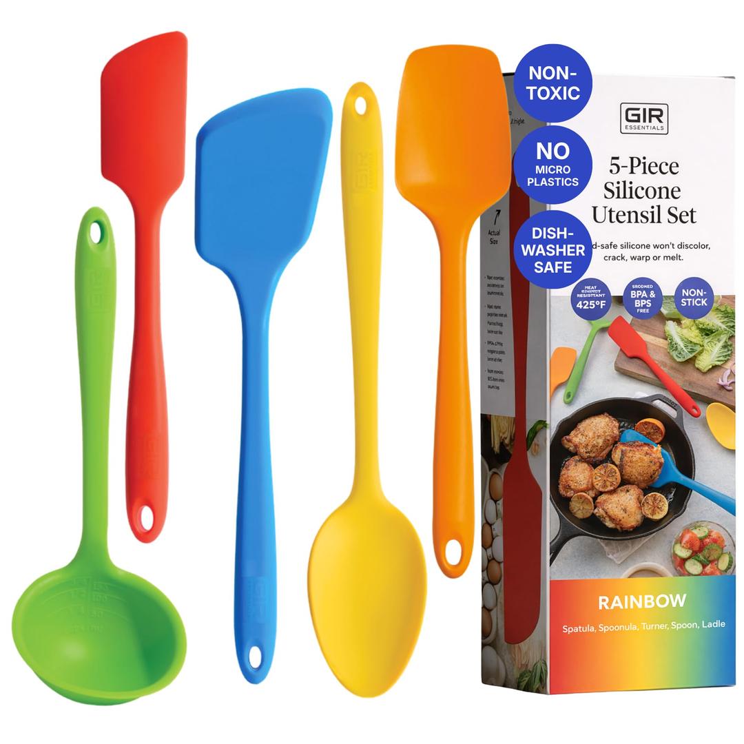GIR 5-Piece Silicone Kitchen Utensils Set, Non-Toxic Cooking Utensils for Cooking and Baking, Heat Resistant, Food Grade, Dishwasher Safe Rubber Spatula, Ladle, Spoon - Rainbow