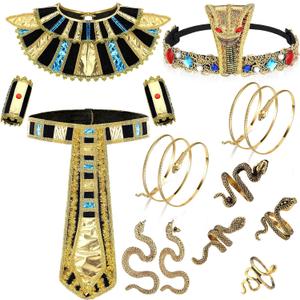 Skicuff 11 Pcs Egyptian Costume Set Egyptian Headband Collar Belt Wristbands Snake Jewelry Set Armbands Earrings Rings for Adult Halloween Cosplay Accessories