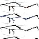 KONHAGO Blue Light Blocking Reading Glasses for Men, Half Frame Metal Readers Spring Hinge Eyeglasses Anti Eyestrain/Glare/UV